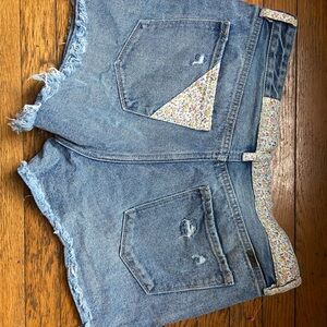 Blue Denim Shorts with Floral Accents